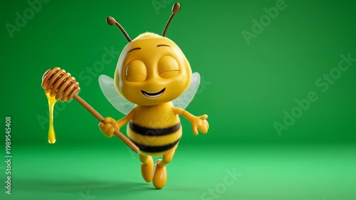 Cute cartoon bee happily holding honey dipper with dripping honey on green background.