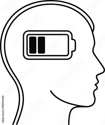 Energy Depletion: A visual representation of exhaustion, depicting a low-charged battery icon within the outline of a human head, symbolizing mental fatigue and drained energy.