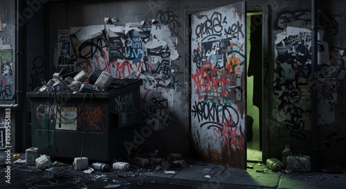 Graffiti Covered Doorway in Grimy Urban Alley