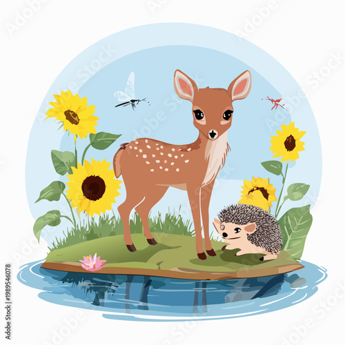 Sommer – Rehkitz & Igel am Teich