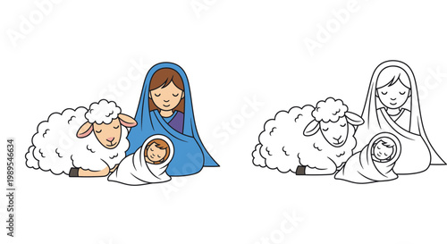 Cartoon Nativity Scene with Mary Baby Jesus and Sheep - Color and Line Art Versions for Kids Coloring