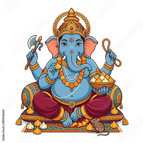 Ganesha sitting with modaks and axe, holding rope