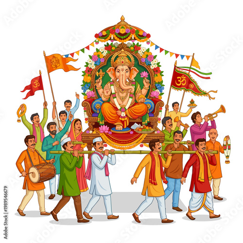 Ganesha procession with devotees carrying idol and playing music