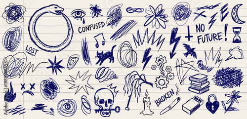 Hand Drawn Dark Grunge Doodles on Lined Paper, Emo Punk Aesthetic Scribbles with Skull, Snake, and Abstract Ink Elements