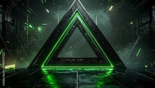 Triangular Dark Sci fi Grid Tunnel with Green Lights