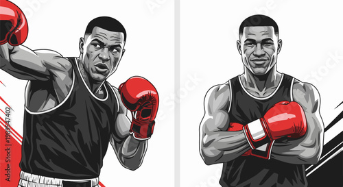 Two boxers, one throwing a punch, the other with arms crossed