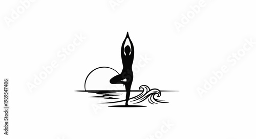 Silhouette of a person in tree pose by the ocean at sunset