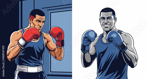 Two boxing men, one in a ring and one with a white background, prepare