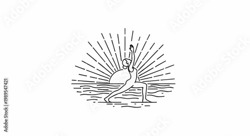 Person performing yoga pose at sunrise over water with radiating lines
