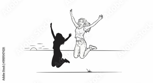 Two women jumping joyfully at sunset