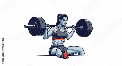 Muscular woman with ponytail in athletic wear lifts heavy barbell weights