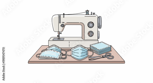 Sewing machine with masks, fabric squares, and scissors on a table
