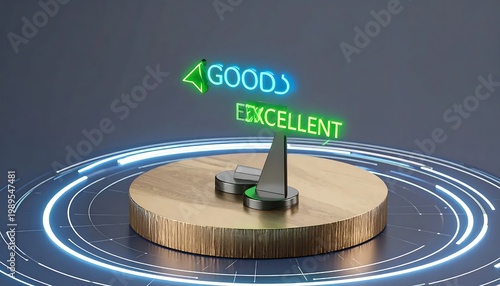Good And Excellent Neon Rating Labels 3d Digital Style Green And Blue Glow Standing On A Wooden Podium Within A Futuristic Interface Environment