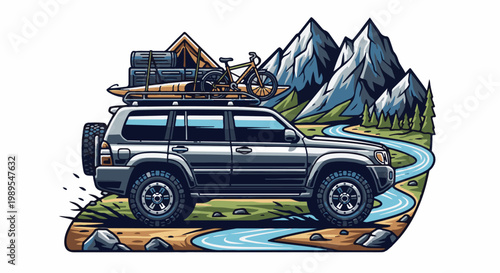 Pixel art illustration of a 4x4 vehicle loaded for a mountain adventure