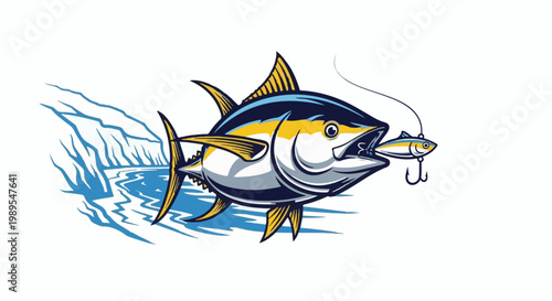 A large fish lunges for a small fish lure near water and mountains