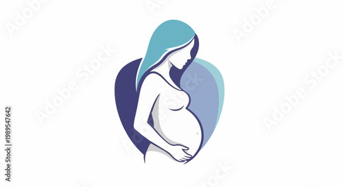 Pregnant silhouette with flowing hair cradling her belly within a heart