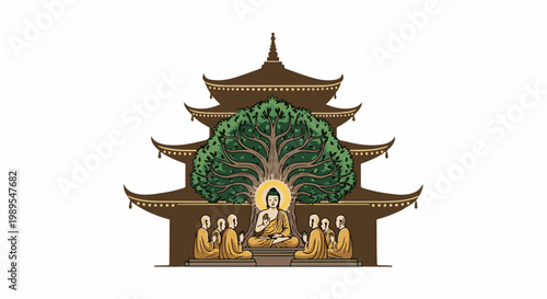 Enlightened figure sits under a tree before a pagoda with monks