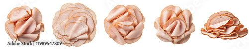 Photos Thinly Sliced Deli Smoked Turkey Breast Rosettes Isolated on White Background -