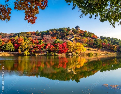 Gongsanseong Fortress Scenic Autumn Landscape With Vibrant Red And Orange Foliage Reflected In Geumgang River Under A Clear Blue