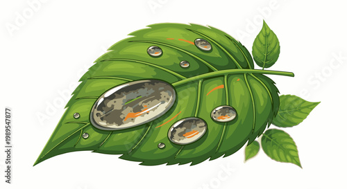 Green leaf with dew drops and orange accents