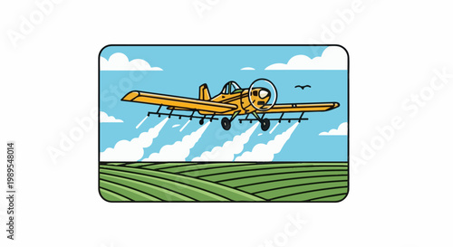 Yellow crop duster spraying white mist over green striped fields under blue sky with clouds