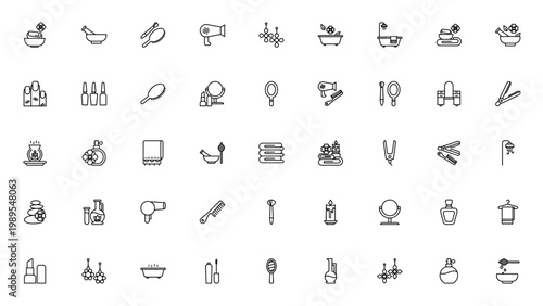 Beauty and Spa icon set. Vector symbols for aromatherapy, makeup, haircare, spa, perfume, grooming and more. Minimal line icons pack.