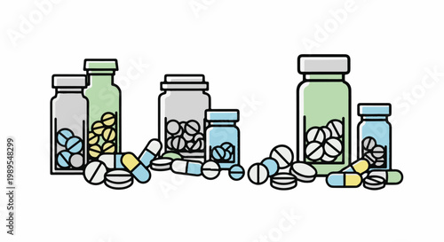 Various pill bottles filled with capsules and tablets scattered around