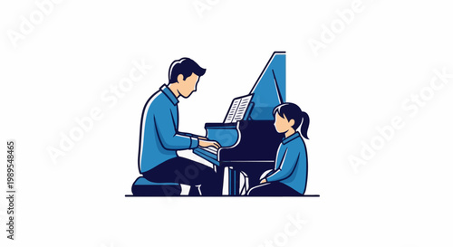 A man plays piano with a child listening attentively