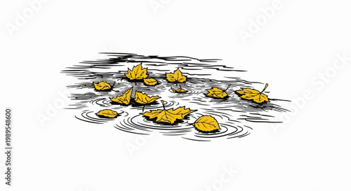 Yellow leaves float on rippling water in sketch-like illustration