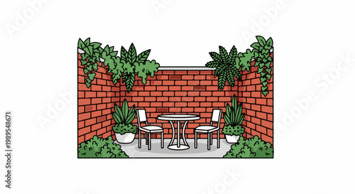 Cozy brick patio with table, chairs, plants, and ivy on wall