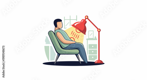 Person relaxing in a chair under a red therapeutic heat lamp indoors