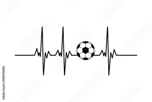 A black and white line art graphic combines a soccer ball with a heartbeat rhythm perfect for sports enthusiasts on transparent background.