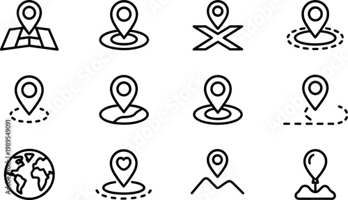 Minimal location pin and map marker icon set featuring navigation destination tracking symbols in clean outline vector style