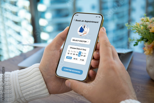 Man holding phone with medical doctor appointment booking app interface