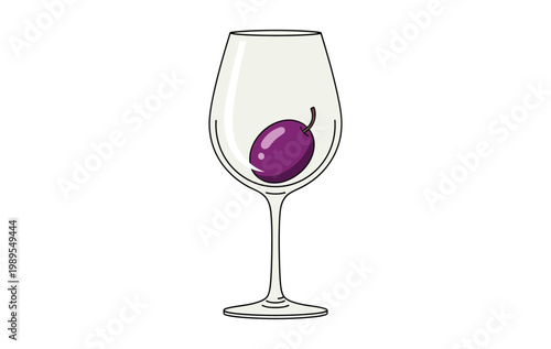 Single purple grape in a wine glass on white background illustration