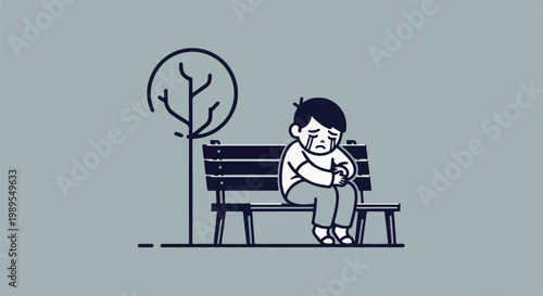 A child sits alone on a park bench, crying under a stylized tree
