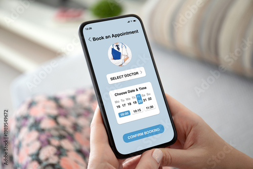 Woman holding phone with medical doctor appointment booking app interface