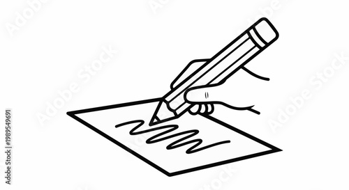 Hand holding pencil and writing on paper with scribbles