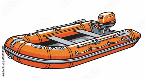 Inflatable boat with outboard motor and oars on white background
