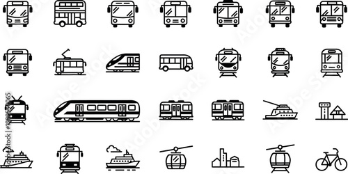 Collection of black and white transportation including buses trains boats and bicycle public transportation