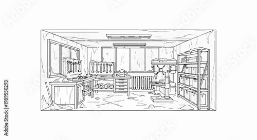 A messy workshop with tools, drill, shelves, and drawers