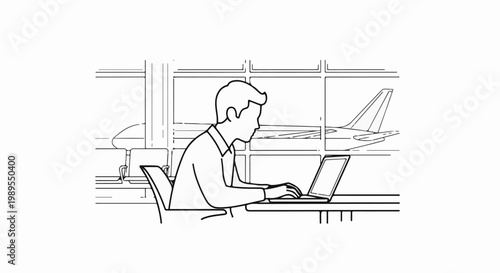 Person working on laptop at airport gate with airplane visible outside window