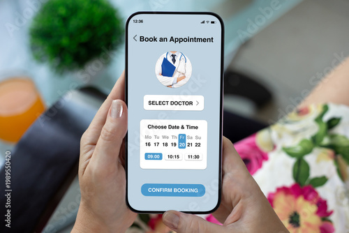 Woman holding phone with medical doctor appointment booking app interface