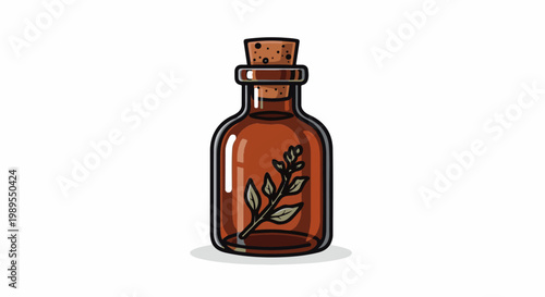 Small amber bottle with cork and plant specimen