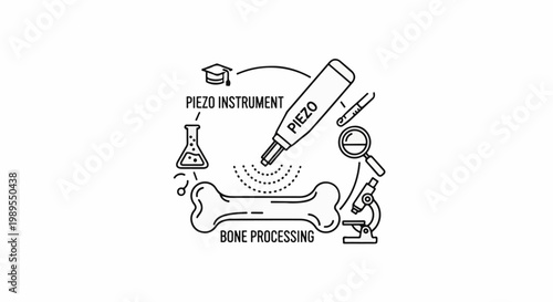 Scientific illustration depicting bone processing with advanced instruments and lab equipment