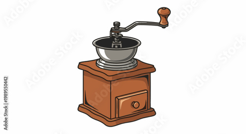 An antique wooden coffee grinder with metal grinding mechanism