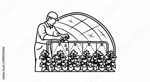 Farmer tending to tomato plants under a greenhouse with an irrigation system