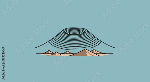 Stylized graphic of a swirling vortex atop desert hills