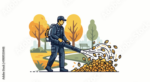 Person using a leaf blower to clear fallen autumn leaves in a park