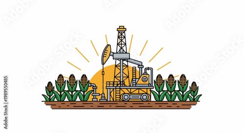 Oil rig drilling in a cornfield under a bright sun